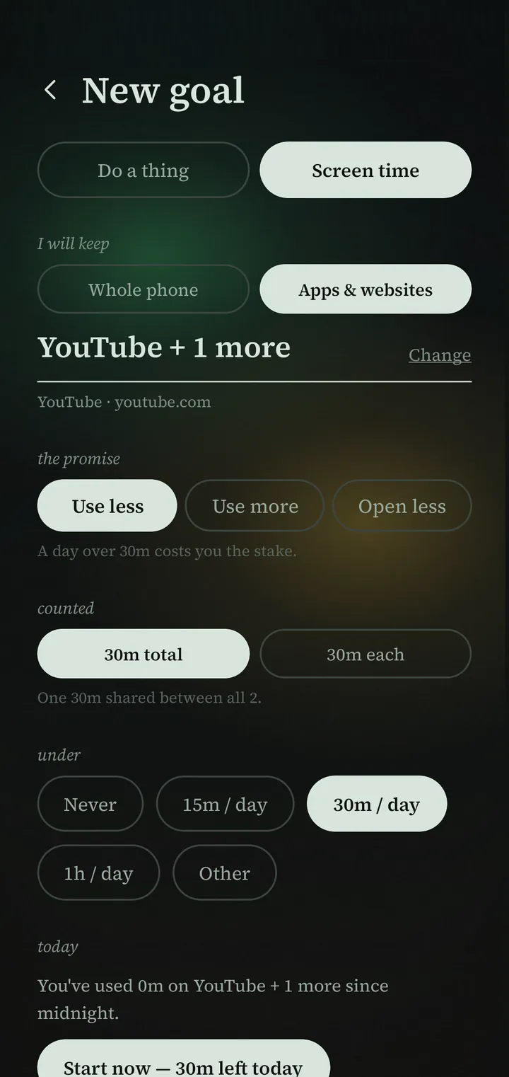 The New goal screen set to Screen time: YouTube and youtube.com, use less, 30 minutes a day shared between the two.