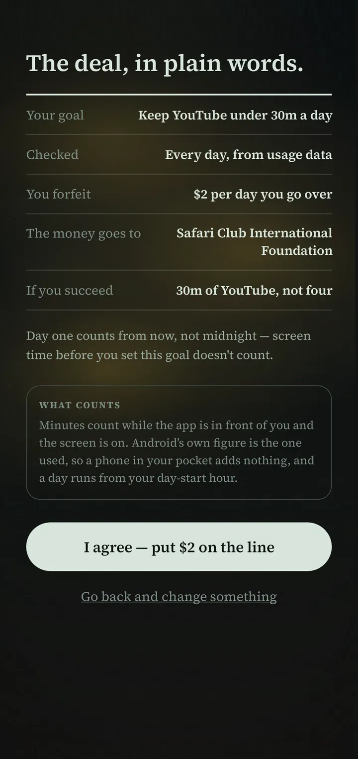 The deal, in plain words. Your goal: keep YouTube under 30m a day. Checked: every day, from usage data. You forfeit: $2 per day you go over. The money goes to: Safari Club International Foundation. If you succeed: 30m of YouTube, not four. Button: I agree, put $2 on the line.