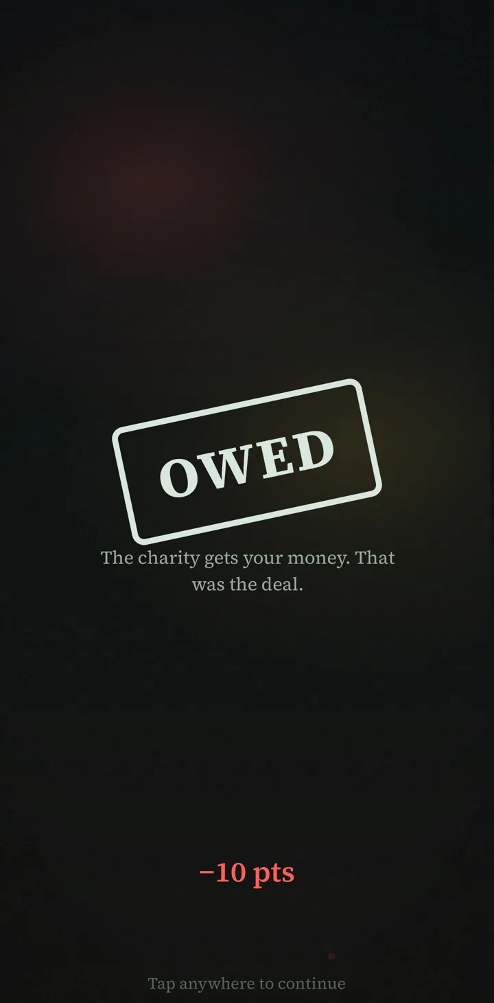 The screen after a missed day: an OWED stamp. The charity gets your money. That was the deal. Minus 10 points.